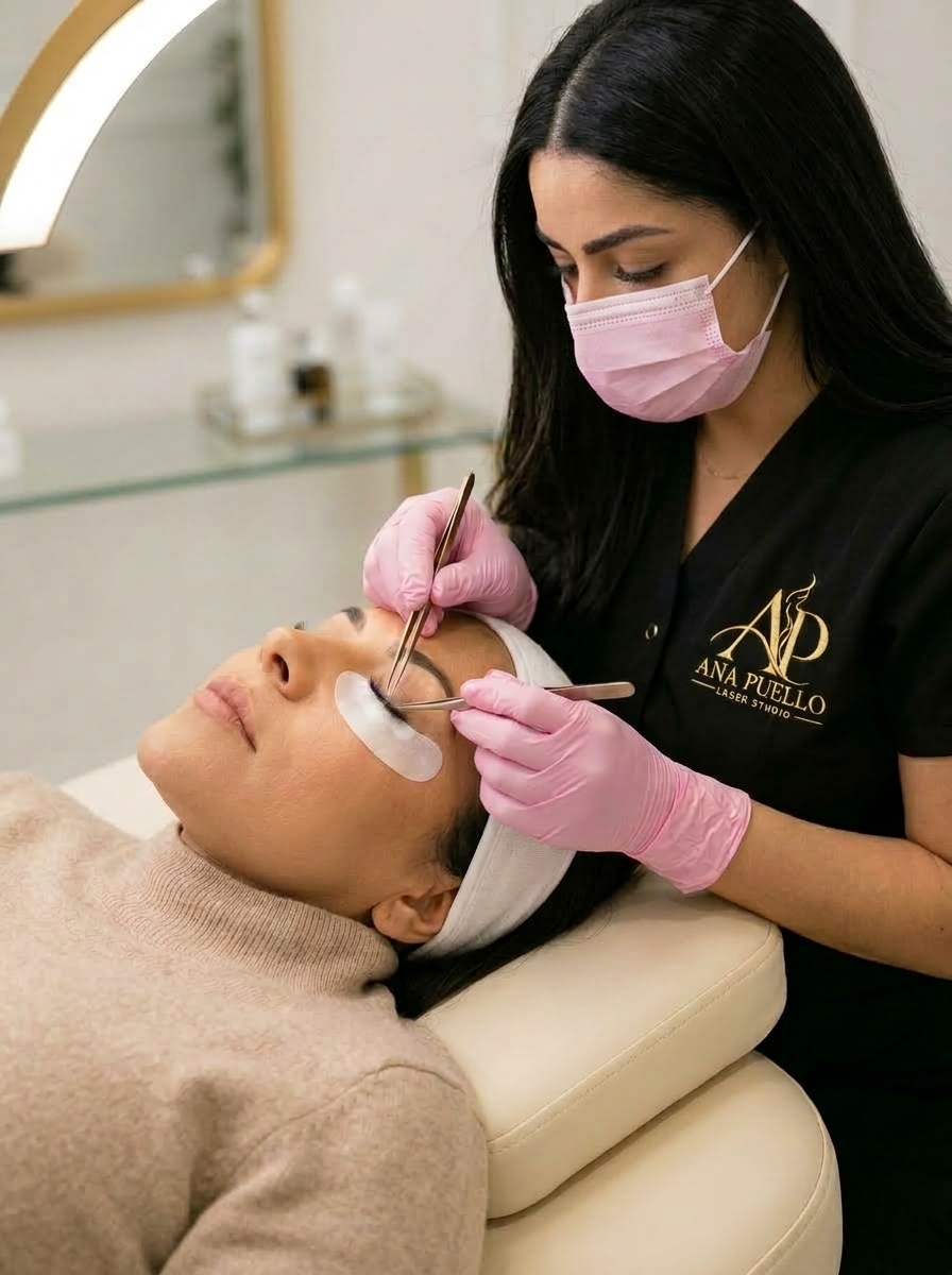 Profesional aplicando pestañas con guantes rosados en Ana Puello Laser Studio